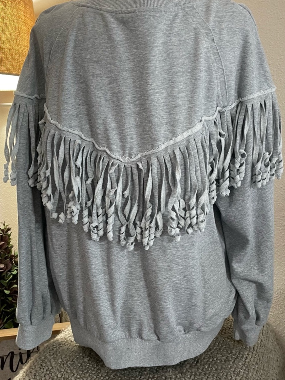 Fringed Crewneck Sweat Shirt- Light Gray